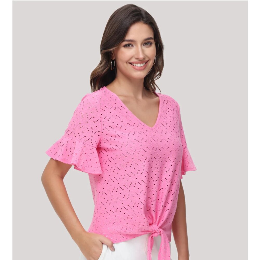89th & Madison Light Pink Eyelet Short Sleeve with Ruffles & Tie, Size L, NWT